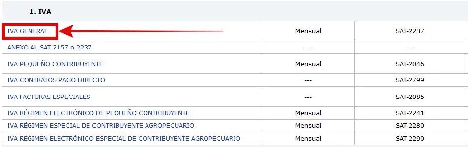 acceder al formulario SAT-2237 IVA general en declaraguate web