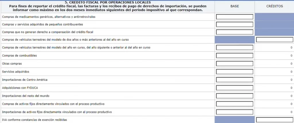 casillas para llenar con el valor de las compras en el formulario SAT-2237 de IVA general en Declaraguate