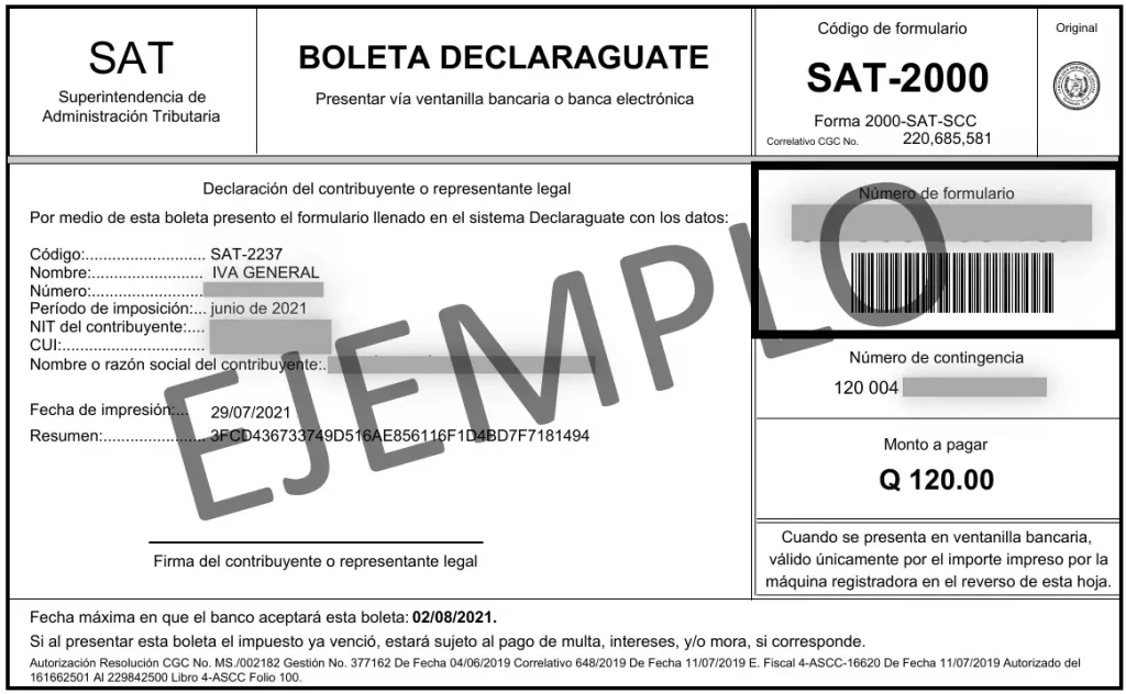 ejemplo de boleta de pago de IVA General generado por el formulario SAT-2237 declaraguarate