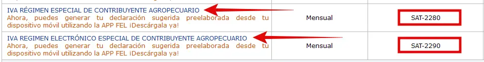 Elegir formulario formulario SAT-2280 IVA Régimen Contribuyente Agropecuario o formulario SAT-2290 en régimen electrónico