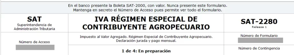 formulario SAT-2280 IVA Régimen Contribuyente Agropecuario con número de formulario y número de acceso para guardar y recuperar formulario SAT Declaraguate Guatemala