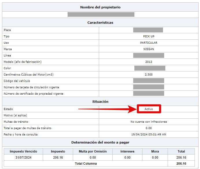 Información del vehículo activo en la SAT